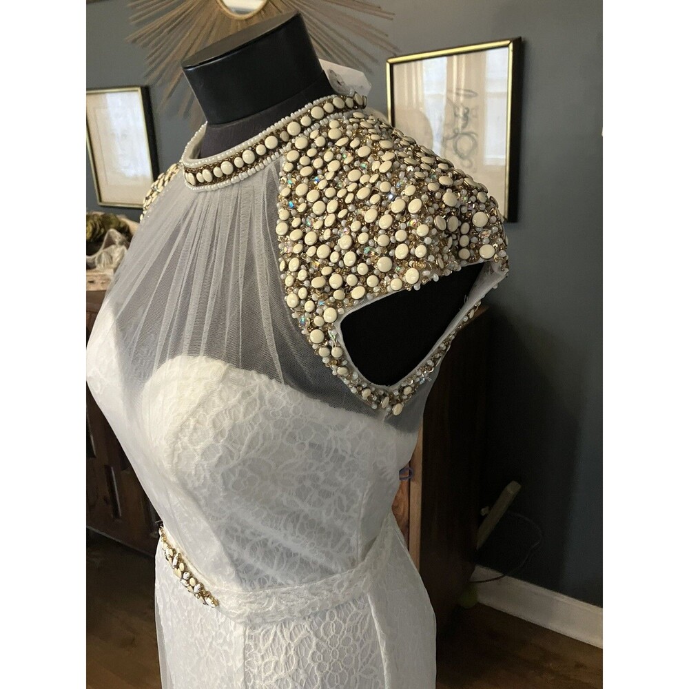 STUNNING CAMILLE LA VIE Heavily Beaded White Mermaid WEDDING GOWN SZ 10 DRESS - Picture 6 of 16